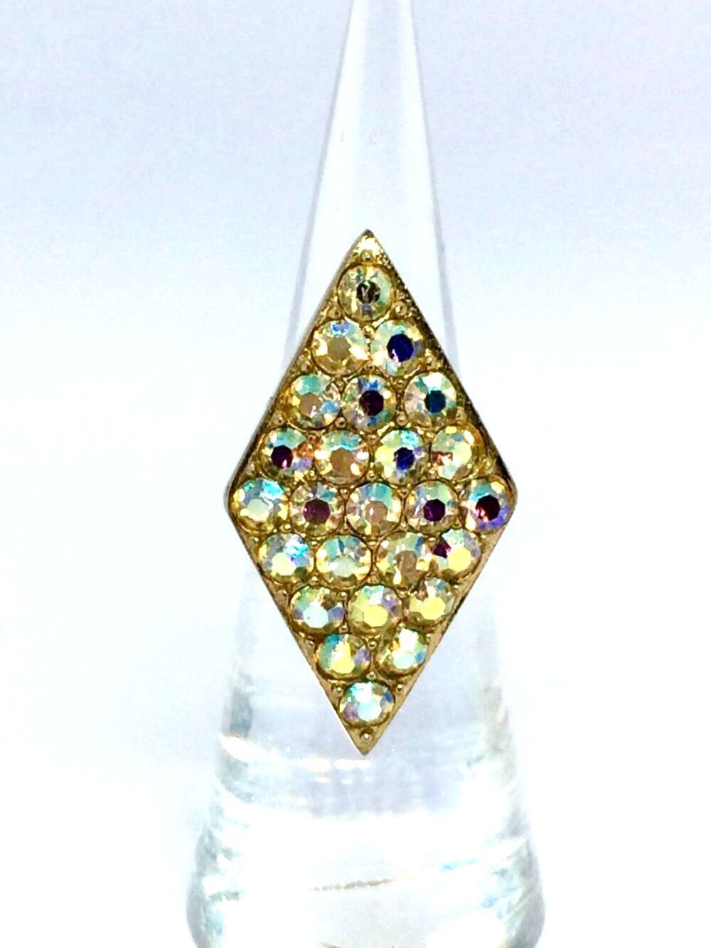 Vintage Emmons Ring AB RhinestoneGold Tone Adjustable Diamond Shape Cocktail